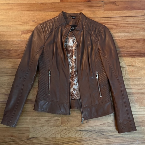 Guess Jackets & Blazers - Genuine leather moto jacket with gold zipper detail